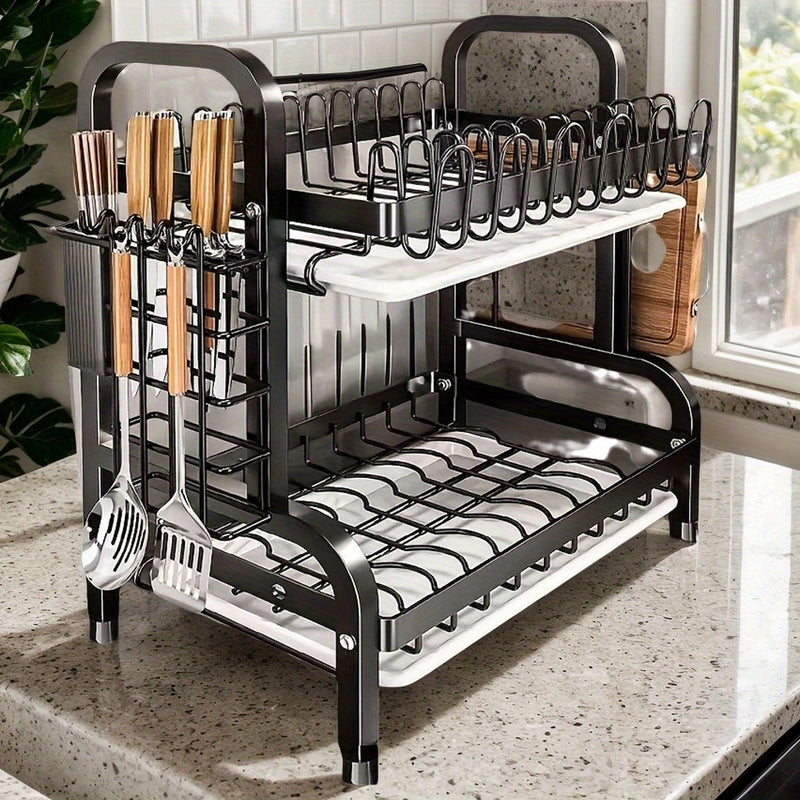 Estante de platos de cocina de acero inoxidable de 2 niveles con soporte para utensilios - Organizador de encimera que ahorra espacio para platos, tazones y cubiertos (pocillos, tablas no incluidas)