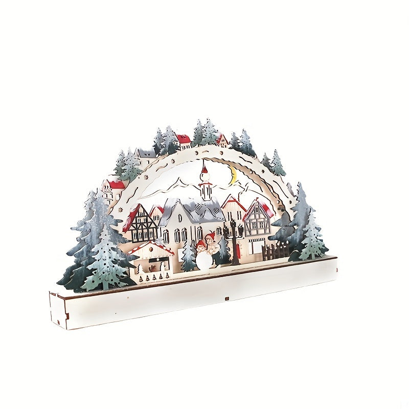 1pc Adornos De Luces LED De Navidad De Madera, Escena De Casa De Pueblo De Madera De Navidad Adorno De Bricolaje Iluminado Con LED, Mesa Rústica De Navidad Decoración De Navidad Centro De Mesa