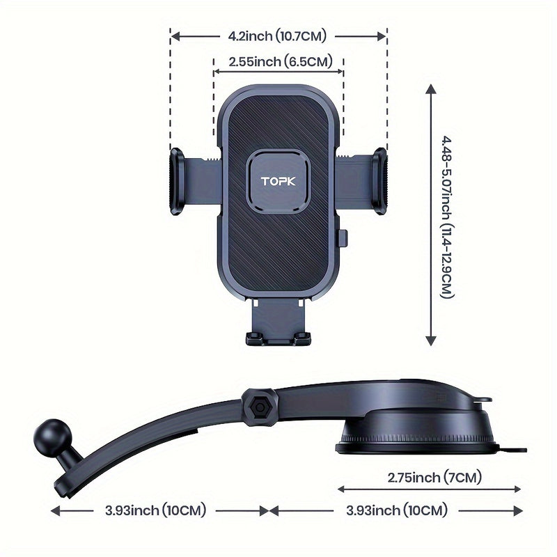 Soporte de teléfono para coche D38-C de TOPK, ajustable y mejorado para el salpicadero del coche, compatible con todos los teléfonos en posiciones horizontales y verticales.