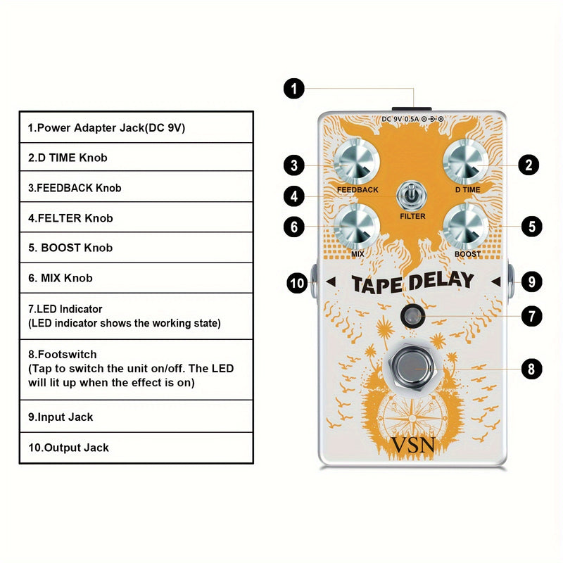 Pedal de Retardo VSN para Guitarra Eléctrica, Pedal Analógico con Efecto Eco y Combinación de Retardo y Bajo, Ajuste de Rango Amplio de Retardo, Cinta Blanca con Efecto Reverb Boost y True Bypass