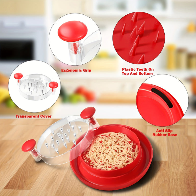 Desmenuzadora de pollo de plástico con agarre ergonómico y base antideslizante - Desmenuzadora de carne con dientes para pollo, carne de res, verduras, cubierta transparente grande, utensilio de cocina fácil de limpiar