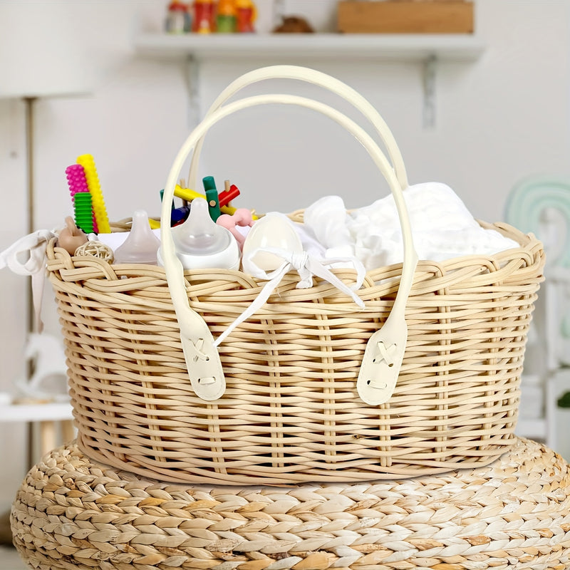Organizador de cesta de pañales de madera dura tejida a mano con divisor extraíble y asas, cesta de almacenamiento portátil para niños y niñas recién nacidos, material de tablero artificial, regalo ideal para baby shower