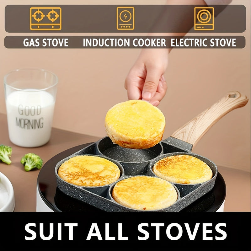 Sartén de Huevos y Tortillas Antiadherente de Aleación de Aluminio GUANHUANG con Mango de Madera, Cocina para Desayuno con 4 Compartimentos para Estufa de Gas e Inducción, Ideal para Huevos, Salchichas y Más
