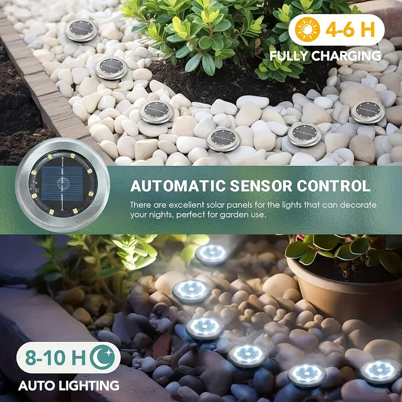 8 luces solares mini enterradas, lámpara solar de acero inoxidable para exteriores, iluminación de paisaje impermeable para patios, jardines, carreteras, aceras y césped, luz blanca + luz cálida, clasificación IP65, material de cobre, carga de panel sola