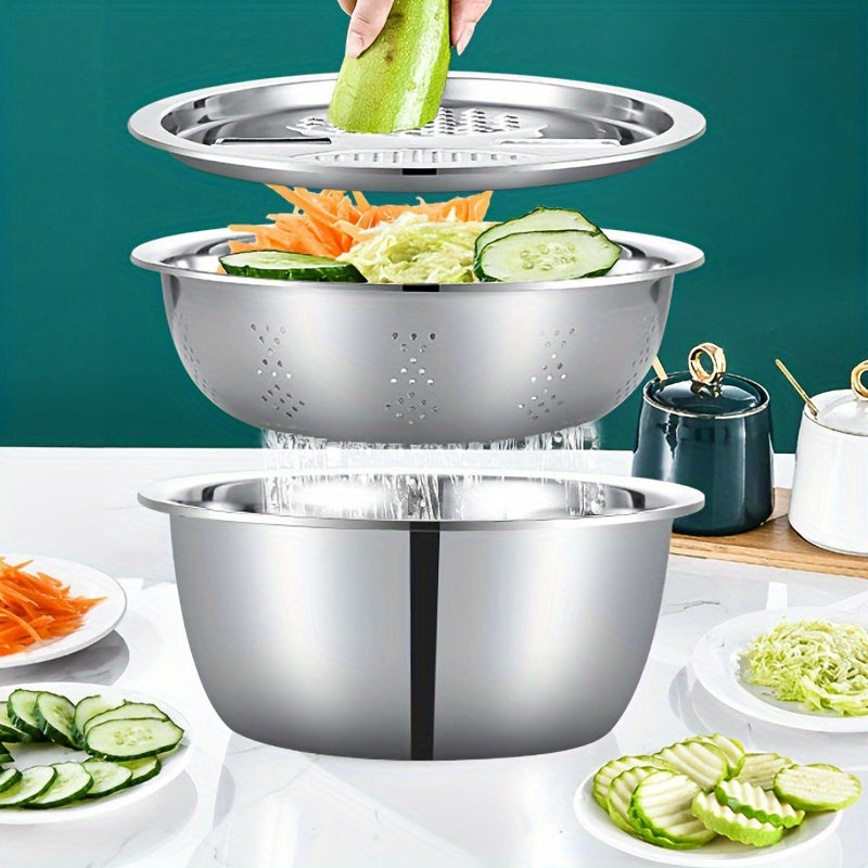 Juego de 3 tazones de acero inoxidable para cocina, tazones multifuncionales seguros para alimentos, con rallador integrado, inserto desmontable para rebanar en capas y sistema de escurrido, para lavar y cortar frutas, verduras y queso