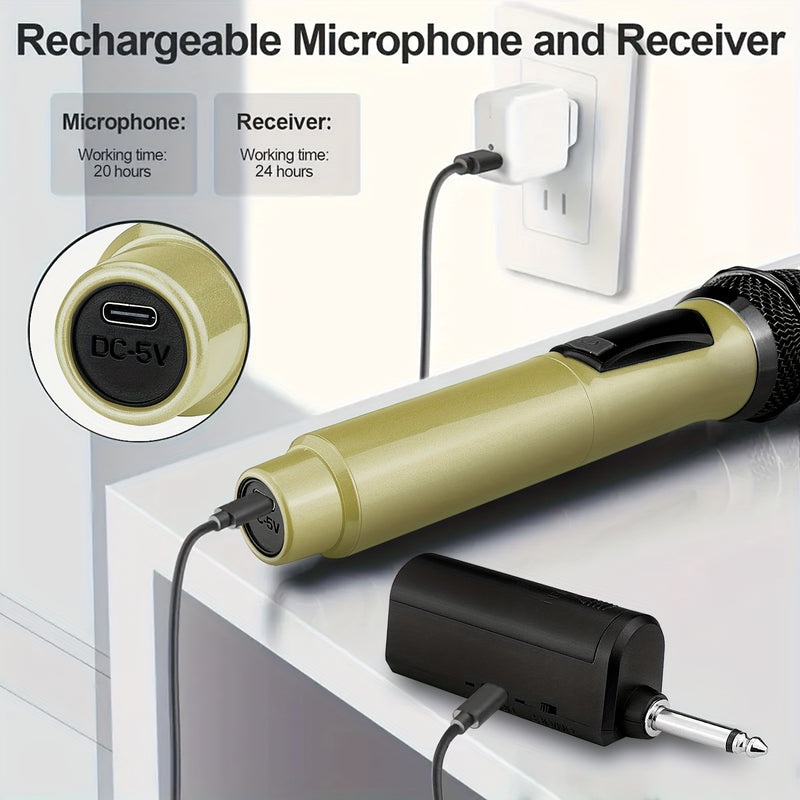 Micrófono de Karaoke sin varillas Portátil con Batería Recargable para 4 Micrófonos y Receptor, Ideal para Fiestas, Reuniones, Bodas, Base de Almacenamiento Dorada y Adaptador de 3.5mm Incluido