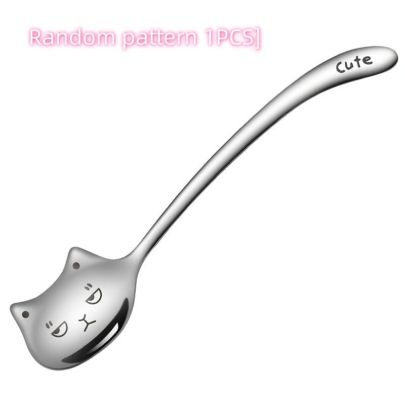 Cuchara de café de acero inoxidable con cola larga para gato, vajilla duradera 304 con diseño de estampado animal, cuchara de mango largo única para café, té, postre, idea de regalo de cumpleaños