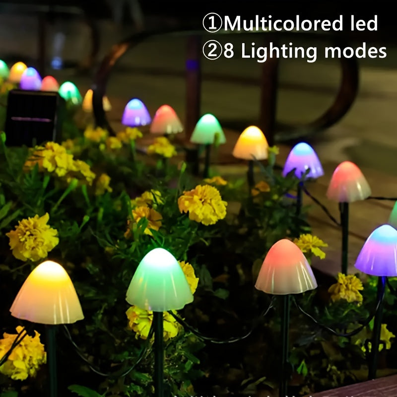 Un conjunto de luz solar en forma de hongo para el suelo con 8 funciones, cadena de luces LED para exteriores, luz ambiental navideña, decoración de patio jardín pasillo, luz de paisaje exterior para césped, 10L / 30L