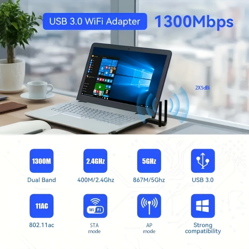 Adaptador de Red Inalámbrica USB 3.0 Dual-Band, Tarjeta WiFi para PC con Antena Integrada de Alta Ganancia de 1300Mbps – Plug & Play en Windows 10/11, ¡Activa Instantáneamente la Función WiFi y Punto Acceso Móvil!