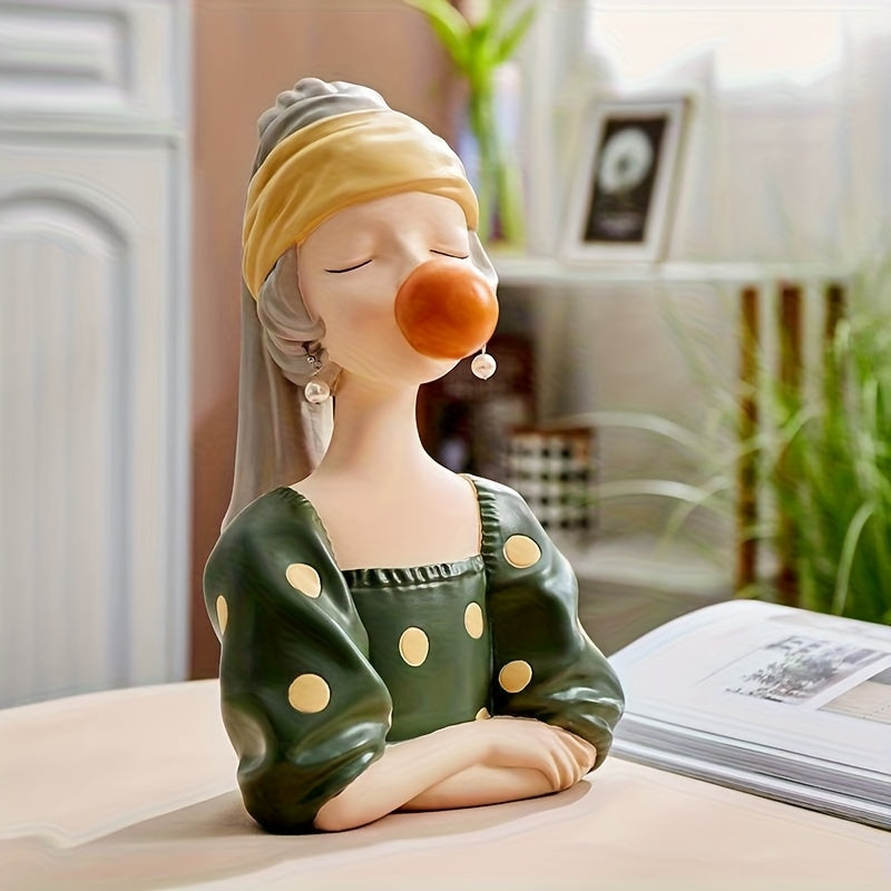 Figura Caprichosa de Resina - Chica con Pendientes y Soplándose Chicle en Burbuja, Decoración Nórdica para Sala, Dormitorio u Oficina, Sin Necesidad de Electricidad, Regalo Único de Cumpleaños o Inauguración de Casa, Adorno Fantasioso