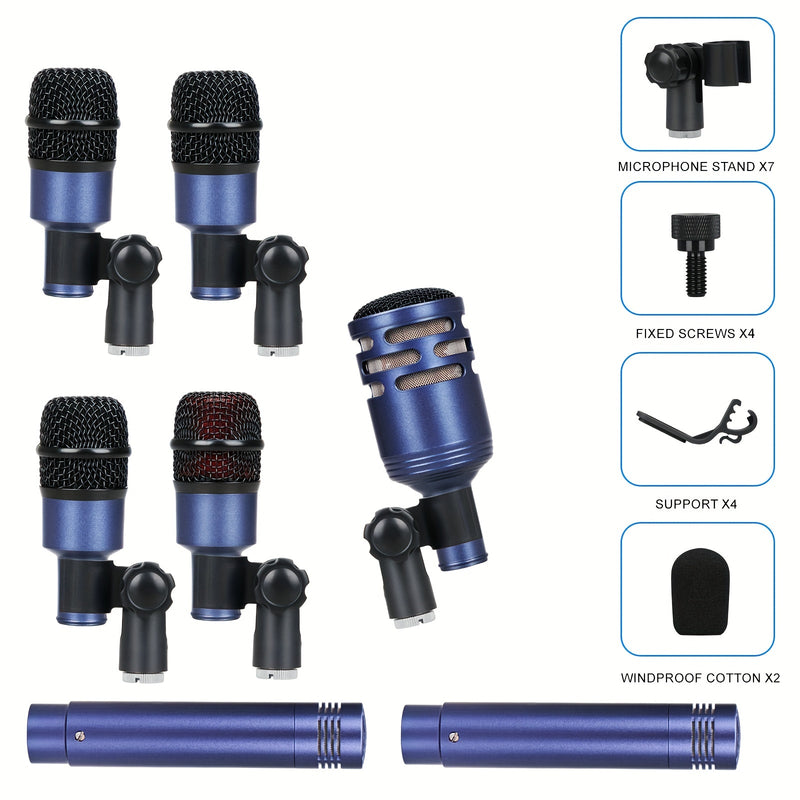 Kit de micrófono de tambor con cable de metal completo - Juego de micrófono de condensador de bajo de bombo para usar con batería, voz, otros instrumentos, completo con inserciones de clip de rosca, soportes de micrófono