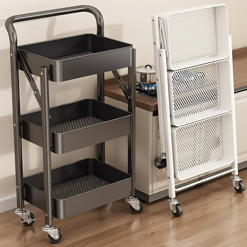 Carrito de Almacenamiento Plegable Metálico de 3 Niveles con Ruedas - Sin Necesidad de Ensamblaje, Ideal para Cocina, Sala y Oficina, Perfecto para Libros, Snacks, Frutas, Verduras y Organización del Hogar