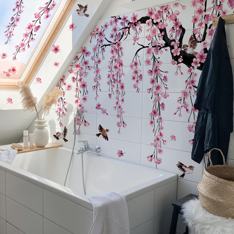 Un conjunto de 4 pegatinas creativas de árbol de flor de durazno rosa para el salón, dormitorio y decoración de pared del baño MS7194-YC