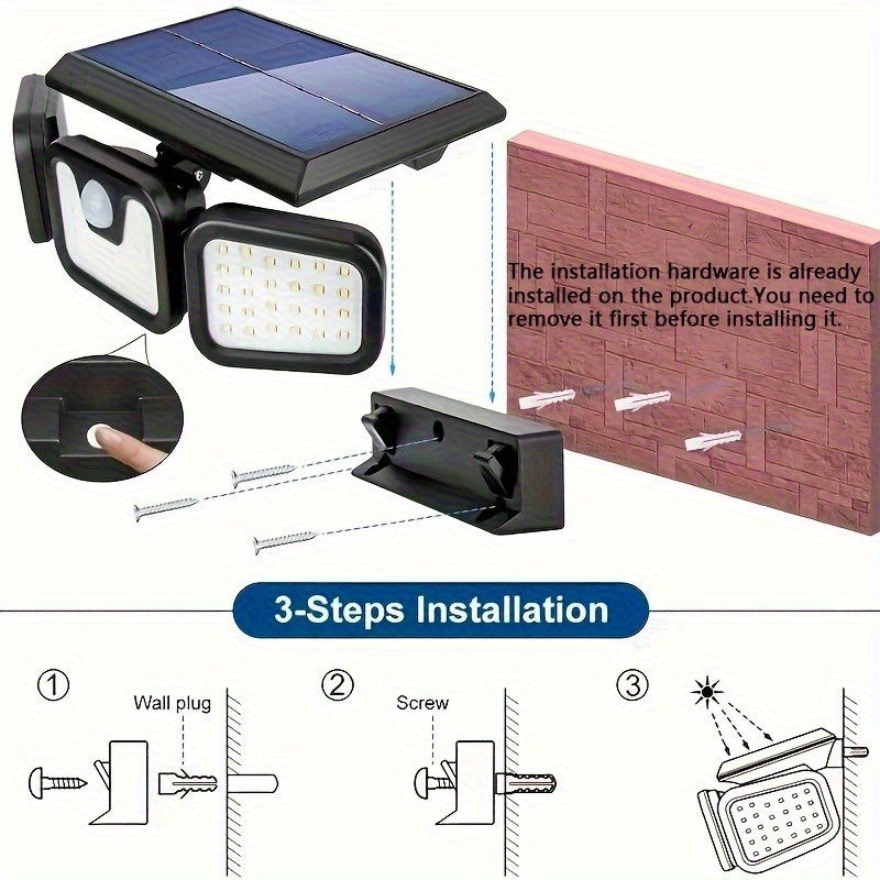 Luz solar LED para exteriores, lámpara de pared para jardín, 3 modos de iluminación con detector de sensor de movimiento, para patio, estadio, parque, hotel, jardín, garaje, patio trasero, pasillo.