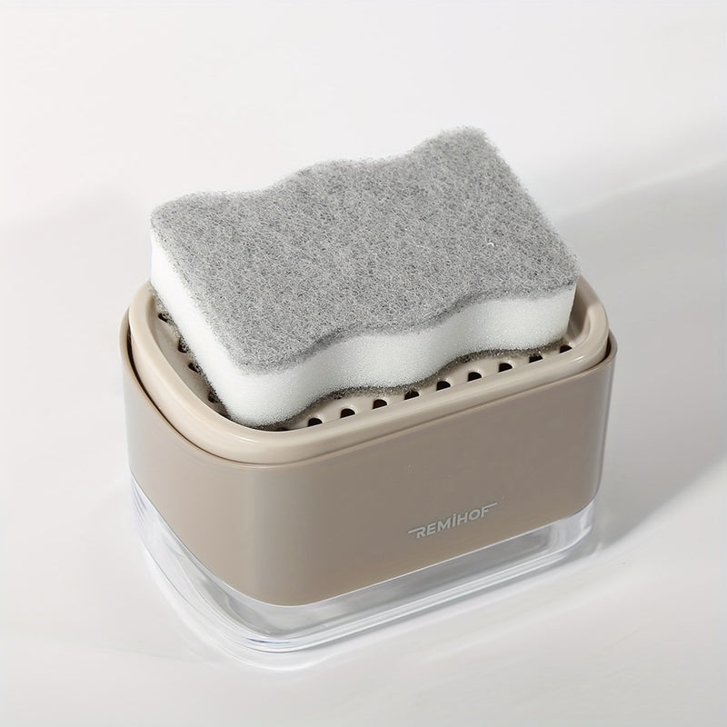 Dispensador de Jabón Easy-Press con Esponja para Limpieza de Cocina y Baño – Dispensador de Bomba de Plástico Blanco con Esponjas de Fregado Verdes, No Requiere Pilas, Dispensador de Jabón para Baño
