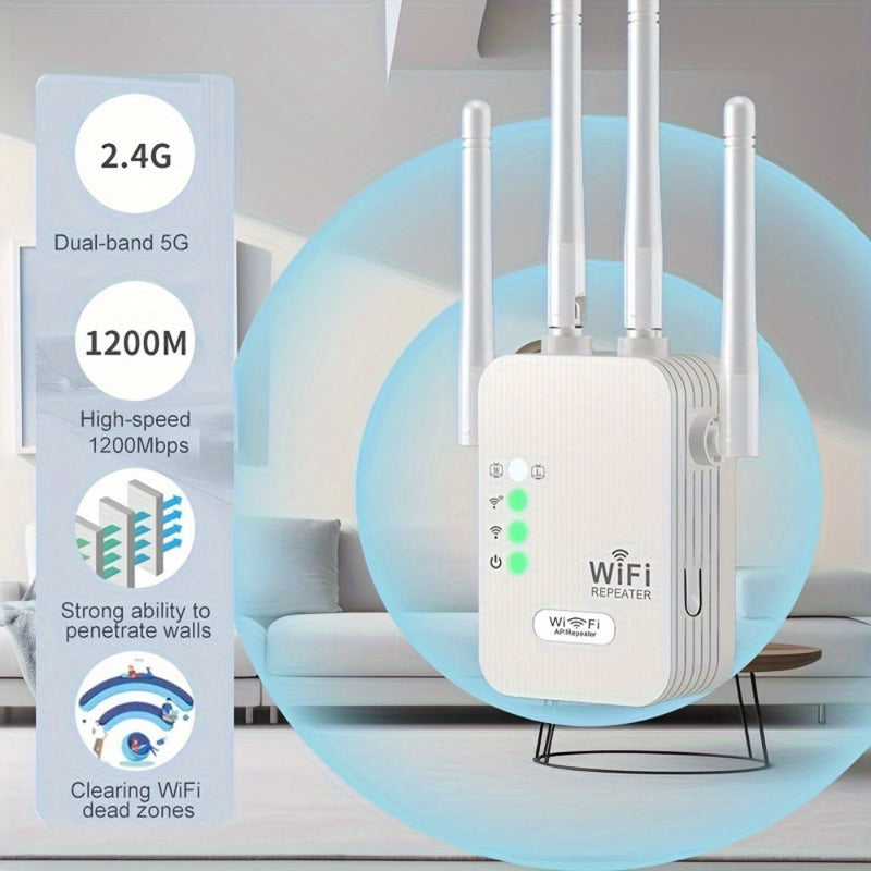 Amplificador de Rango WiFi 300Mbps 2.4GHz, 4 Antenas, Cobertura 360°, 4 Modos, Puerto Ethernet, Configuración con un Clic, Extiende la Cobertura hasta 3000 Pies Cuadrados, Compatible con 35 Dispositivos, Diseño Moderno, Amplificador Inteligente (Extensor