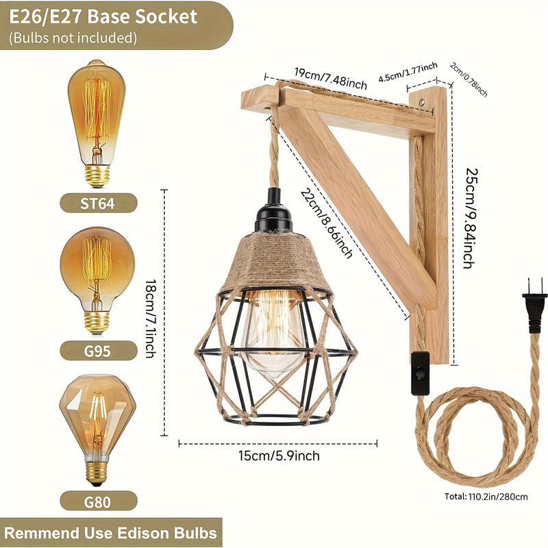 Lámpara de pared rústica de madera con interruptor, base E26, 60W, montaje semiempotrado, bombilla no incluida, estilo de granja