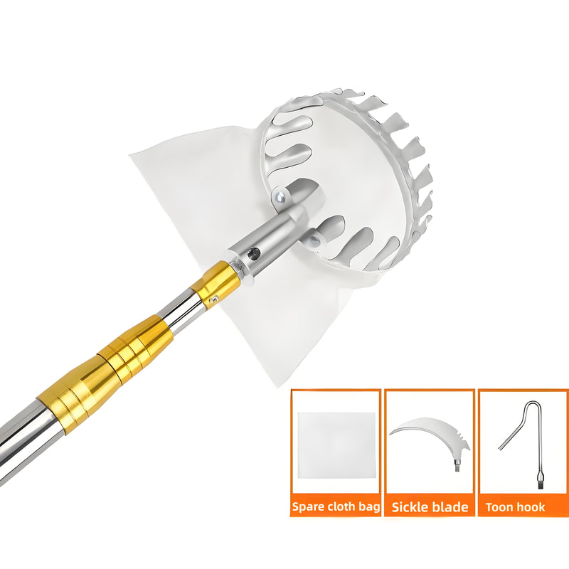 Pica de frutas telescópica portátil de acero inoxidable - Agarre antideslizante duradero sin rastros para mango, tomate, cerezas y más - Herramienta de cosecha manual con mango ergonómico y cesta de almacenamiento segura