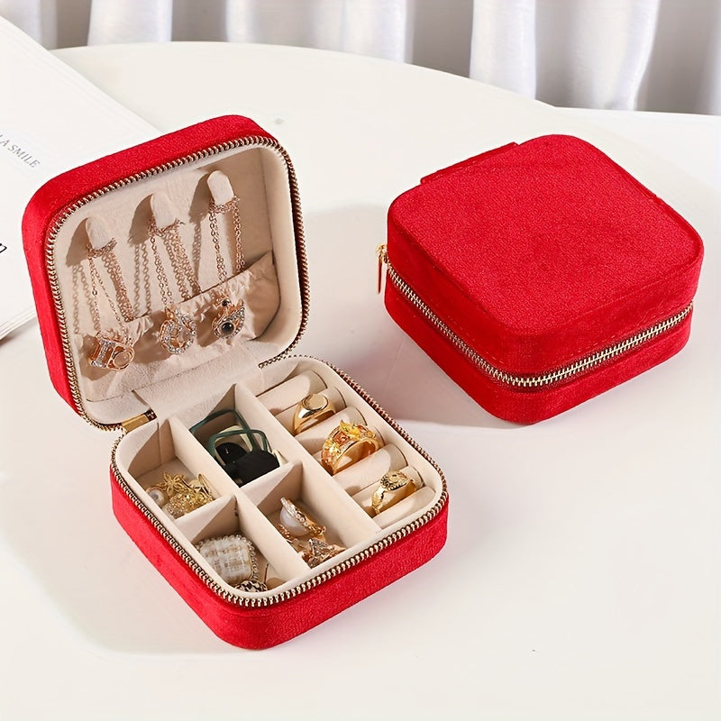 1pc Caja De Almacenamiento De Joyas Portátil Pequeña, Caja De Paquete, Caja De Joyería De Viaje De Terciopelo Para Anillos, Collares, Pulseras, Pendientes, Clips Para El Cabello, Etc. Estilo Elegante Y Exquisito