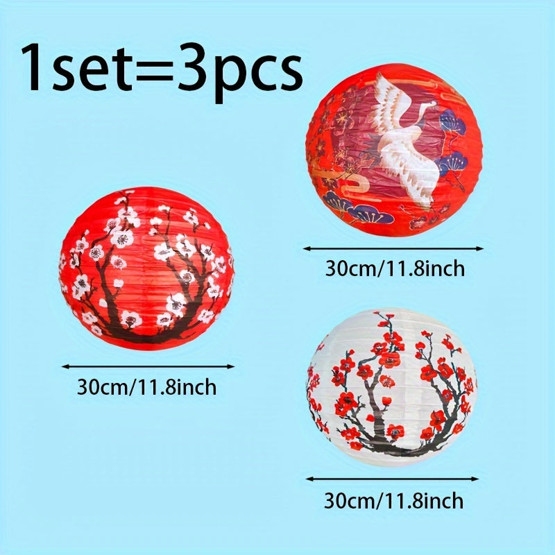 1pc/3pcs Linternas de papel chino de flor de cerezo y diseño de grulla, luces colgantes de patrón de cerezo japonés de 12 pulgadas, decoración de fiesta versátil para cumpleaños, inauguración de casa, confirmación - No necesita electricidad, sin plumas,