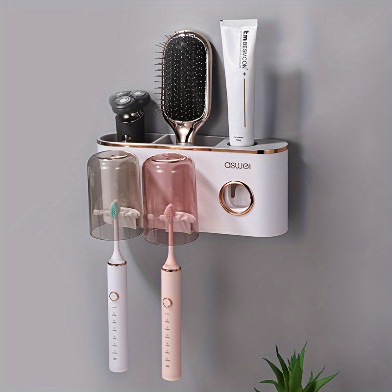 Juego de Soporte para Cepillos de Dientes Montado en la Pared con Taza para Enjuague - Sin Taladro, Organizador de Baño que Ahorra Espacio para Pasta Dental y Cepillos