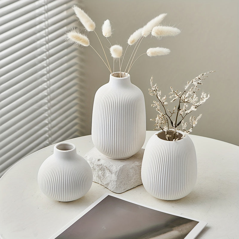 Juego de 3 Jarrones de Cerámica a Rayas Blancas – Estética Boho, Decoración Minimalista Moderna para Sala de Estar, Entrada, Mesa de Café | Diseño Geométrico Acanalado, Ideal para Decoración de Hogar a la Moda