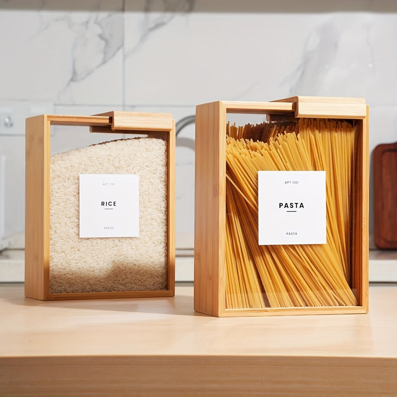 Contenedor de Almacenamiento de Bambú para Comida de 101.44 oz con Tapa Transparente - Ideal para Granos, Fideos, Harina | Organizador de Cocina Reutilizable y de Alta Calidad con Etiquetas para Identificación Fácil