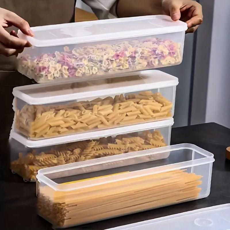 Juego de cuatro contenedores largos para almacenamiento de alimentos, ideales para mantener cebollas verdes, cilantro, jengibre, ajo, fideos y huevos organizados en el refrigerador, perfectos para esenciales de la cocina.