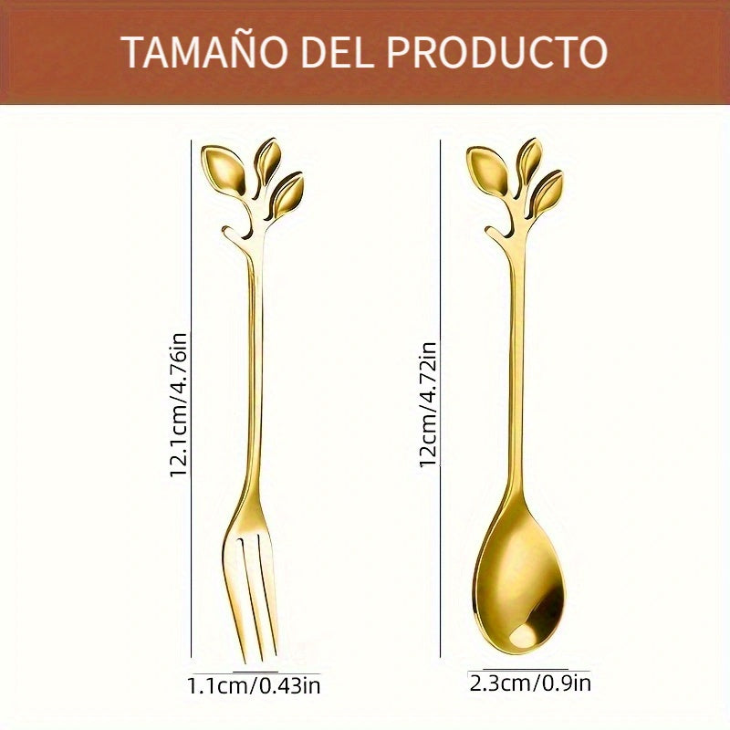 Juego de 12 cucharas doradas de acero inoxidable para café y postres, con decoración de hojas, superficie pulida y aptas para lavavajillas