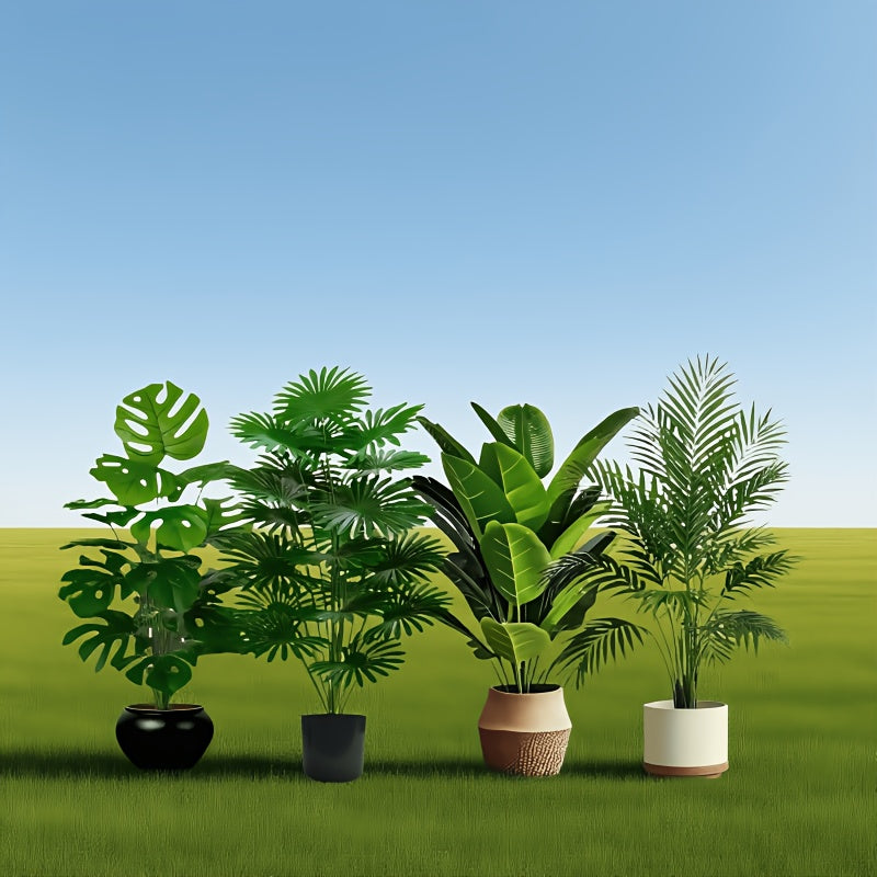 Juego de 4 plantas artificiales tropicales: árbol de plátano, dracena, palma abanico y poinsettia. Follaje perenne que crea un ambiente exuberante tropical, ideal para hogar, oficina, jardín o bodas, añadiendo encanto vibrante a cualquier ocasión festiva