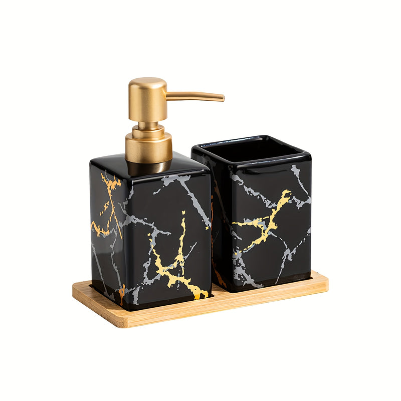 3 piezas de dispensador de jabón de mano de cerámica con patrón de mármol con bandeja de bambú - Negro y dorado, diseño independiente para encimera de baño, ideal para almacenamiento de loción y jabón, organizadores y almacenamiento de baño.