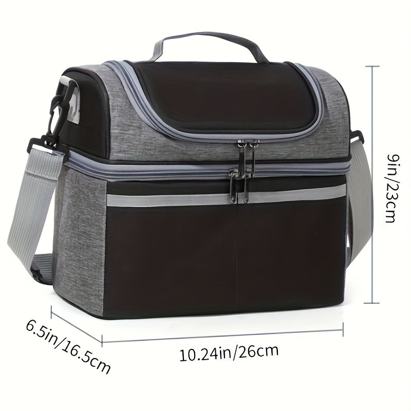 Lonchera térmica de doble capa, no para contacto con alimentos, gran capacidad, con correa para hombro y asa, resistente tela Oxford, ideal para el trabajo y la escuela, negra con detalles a rayas