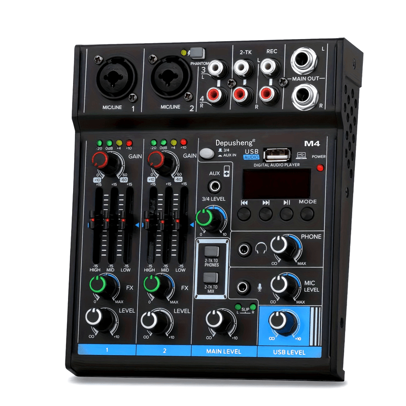 Depusheng M4 Mezclador de Audio de 4 Canales - Grabación USB, Alimentación Phantom de 48V, Ideal para Estudios y Actuaciones en Vivo