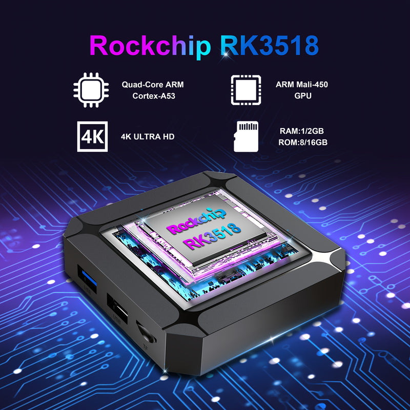 X96Q 3518 Caja de TV inteligente con Android 14, 4K Ultra HD, soporte BT HDR, WIFI6, USB3.0, búsqueda de voz, interfaz de usuario personalizable, chip RK3518 de alta rendimiento de 4 núcleos, procesador gráfico Mail 450, Miracast, DLNA, Airplay, reflejo
