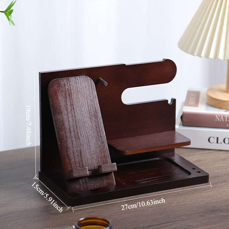 Soporte de Madera Sólida para Teléfono y Organizador para Hombres – Mesita Multifuncional con Ranura para Cable de Carga, Compartimentos para Carteras, Gafas, Relojes & Llaves – Regalo Perfecto para Papá, Esposo, Novio – Montaje Fácil, Decoración Estilo