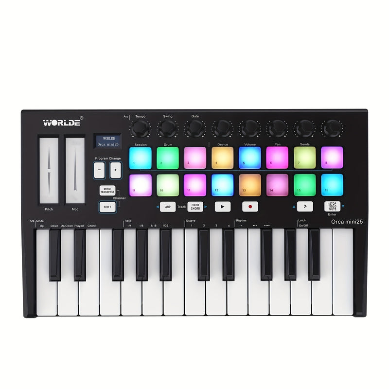 Orca Mini25 Teclado Controlador MIDI USB de 25 Teclas Controlador MIDI USB Con 16 Pads Desencadenantes RGB Retroiluminados Con Retroiluminación RGB
