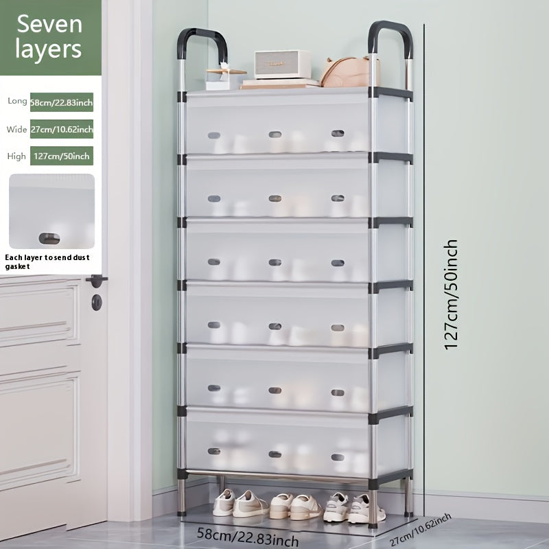 Estante de zapatos de 7 niveles, capacidad para 18-21 pares, estructura metálica a prueba de polvo con material PP, almacenamiento que ahorra espacio para el hogar, dormitorio y pasillo, uso interior, ensamblado, organizador de almacenamiento de zapatos