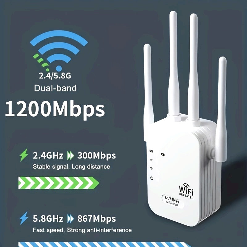 Estabilizador de señal de alta velocidad, amplificador de Wifi - Hasta 1200Mbps, dos puertos de red, cobertura amplia, fuerte capacidad de penetración de paredes, 4 antenas para mejorar la recepción de señal, ideal para apartamentos grandes y edificios d