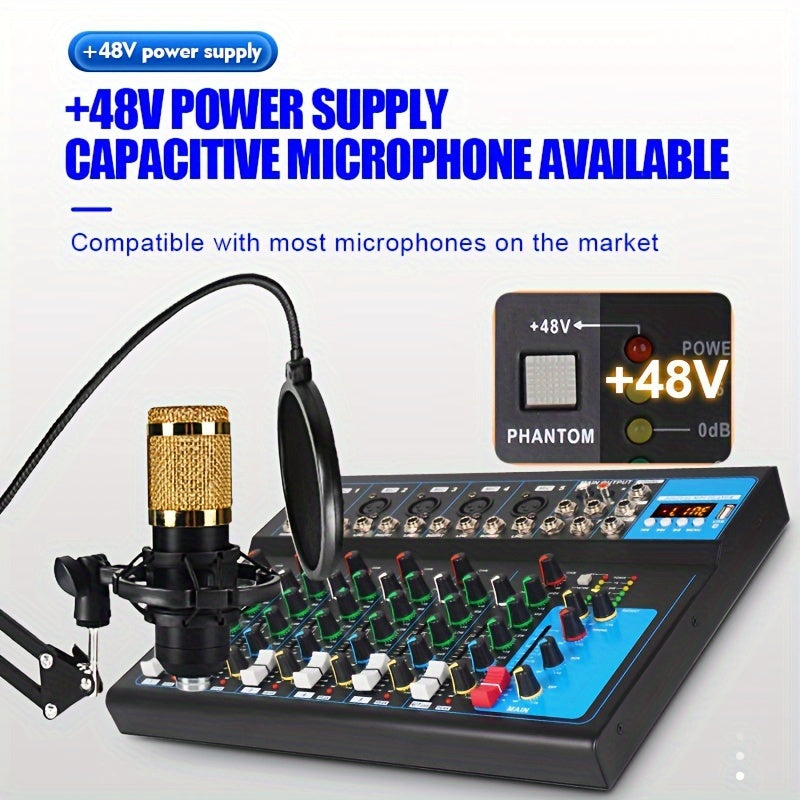 Consola de mezcla de DJ de 7 canales NXG con USB y conector MP3 - Consola de mezcla portátil de aleación con fuente de poder de 48V para grabación por computadora sin problemas y presentaciones en vivo - Enchufe EE. UU., modo de potencia de 110V-130V, no