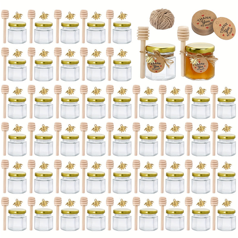 Tarros de Miel de Vidrio Hexagonal Miniatura de 1.5 Onzas, Disponibles en Conjuntos de 20, 30, 50 o 60, Incluyen una Cuchara, Símbolo de Abeja y Tarjeta de Agradecimiento - Tarros con Tapa Dorada, Perfectos para Regalos de Bebé, Bodas y Fiestas.