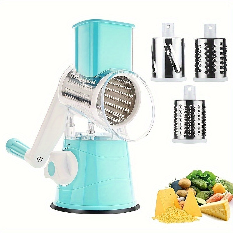 Rallador Manual Multifuncional 3 en 1 para Queso y Verduras con Mango - Plástico Duradero Antioxido, Fácil de Limpiar, Ideal para Cocina, Camping y Autocaravanas - Incluye 3 Ruedas Intercambiables