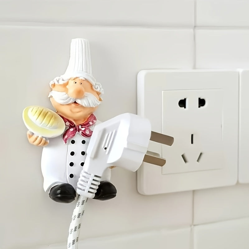 2 piezas de soporte de cable de alimentación de chef de dibujos animados - Organizador de plástico de montaje fácil en la pared para enchufes y cables de cocina, diseño encantador con personajes de chefs divertidos, gancho de utilidad, ganchos de utilidad