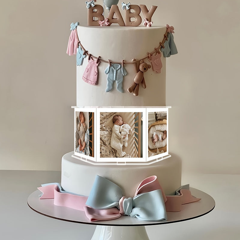 Un conjunto de 8 piezas de marcos de fotos de acrílico transparente DIY, diseñados para ensamblar un soporte de pastel hexagonal con temática de fotos, adecuado para bodas, cumpleaños, graduaciones, Halloween, Navidad, aniversarios y otros soportes de pa