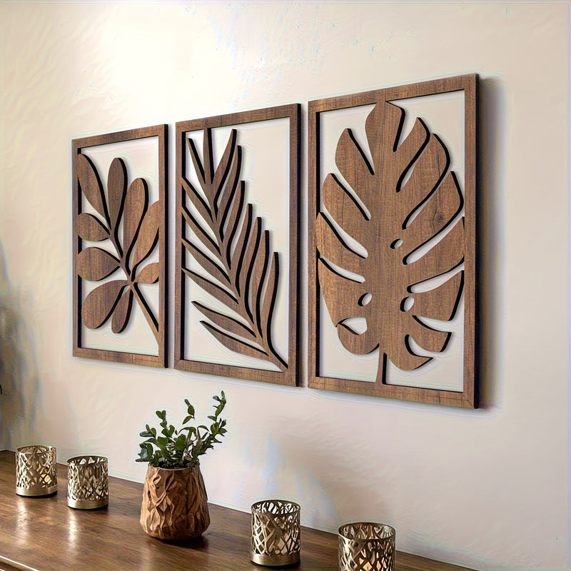 Juego de 3 esculturas de pared rústicas, arte de pared grande para decoración del hogar en sala de estar, dormitorio, oficina, fácil de instalar, patrón de hojas.
