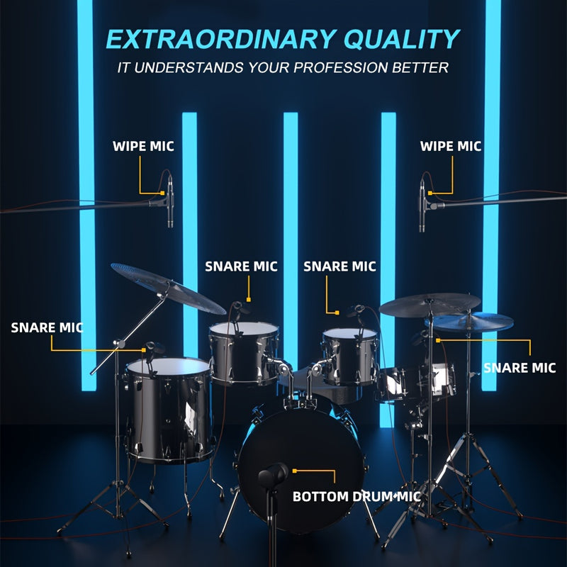 Kit de Micrófono para Instrumentos LMBGM G7 de 7 Piezas con Cable para Batería, Micrófono Dinámico para Bajo, Tom, Platillo y Charles, Uso para Batería, Voz, Banda, DJ, Escenario y Grabación Instrumental en Vivo