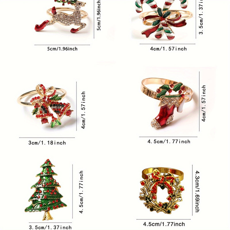 Servilletas de Navidad de 6 piezas - Decoración festiva de mesa de hierro fundido con diseños de árbol, campana, ciervo, corona, bastón de caramelo y bota para cenas navideñas