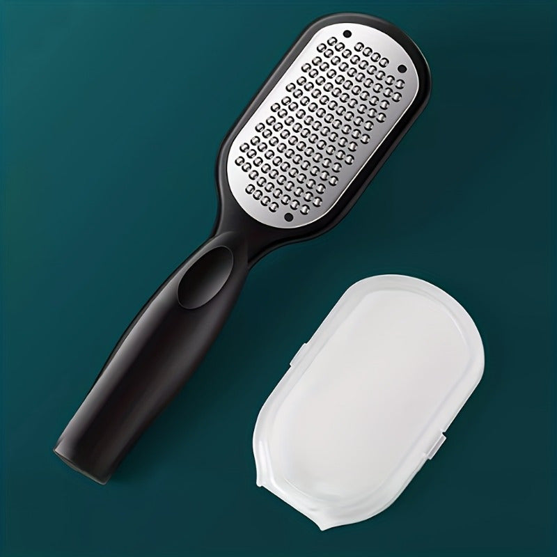 Lima y removedor de piel muerta profesional de acero inoxidable, diseño antiderrames, mango ergonómico y bordes redondeados para pies suaves, esencial para cuidado de uñas y spa en casa, removedor de callos, almacenamiento compacto, herramienta no eléctr