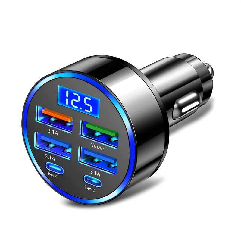 Car Cargador Rápido 2 PD con Pantalla Digital y 4 USB, Adaptador de Coche 6 en 1 para Teléfono - Accesorio de Auto