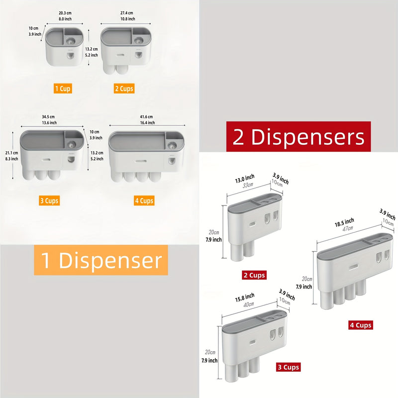 Juego de portacepillos de pared fácil de instalar con dispensadores automáticos de pasta dental, tazas magnéticas y ganchos - No requiere perforación