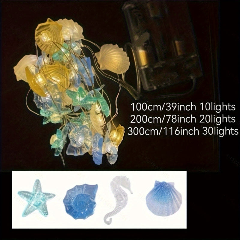 Luces LED de alambre de cobre con diseños de estrellas de mar, caballitos de mar, conchas y caracoles, decoración para el hogar, fiestas, bodas y festivales, funcionan con pilas, 36V seguro, pilas no incluidas, iluminación festiva, luces con batería, dec